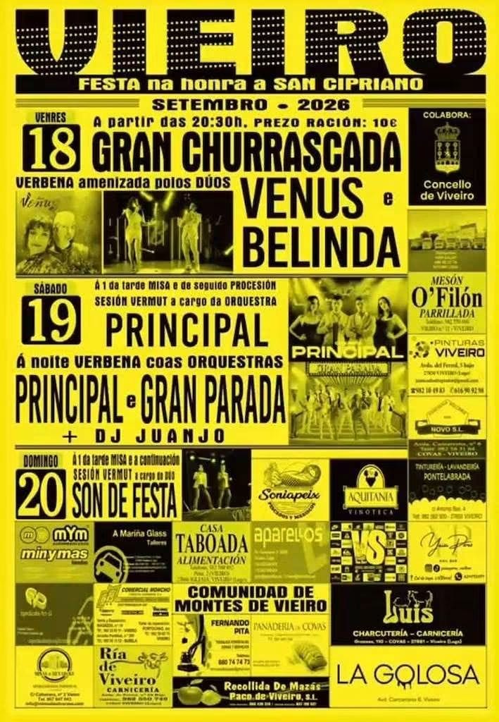 Cartel da Festa na honra a San Cipriano 2026 en Vieiro, con programa de actividades e actuacións musicais.